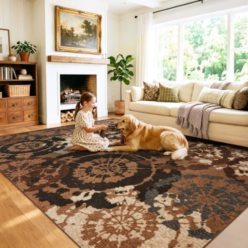 Large Boho Modern 9x12 Area Rug, Rust & Taupe Low-Pile Washable Rug - Image 2