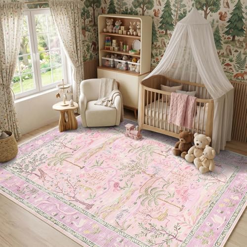8x10 Washable Rug for Living Room Purple Animal Print Large Bedroom Rugs Non Slip Forest Nursery Girls Room Throw Carpet Stain Resistant Whimsical Safari Area Rugs for Home Office, Lavender - Image 3