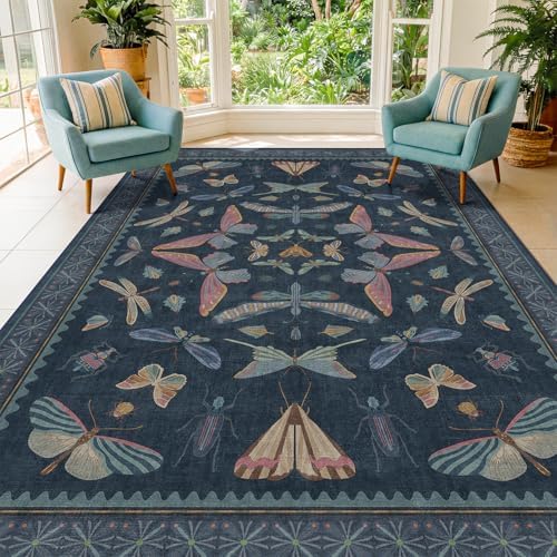 Washable 7x9 Large Area Rug for Living Room, Vintage Farmhouse Carpet for Bedroom & Dining Room Under Table, Dark Blue Boho Insect Moth Décor Rug by HazoHaus
