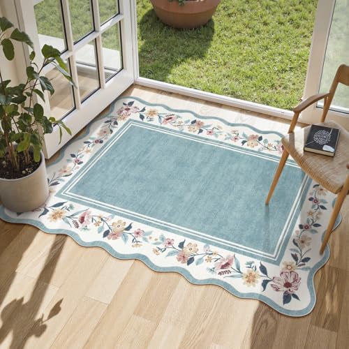 Lahome Floral Blue Kitchen Rug 2x3, Small Scalloped Entryway Rug - Image 3
