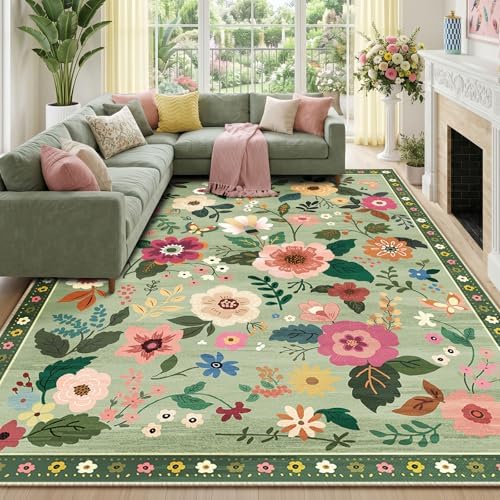 RELEANY Floral Washable 8x10 Area Rugs LightGreen by RELEANY