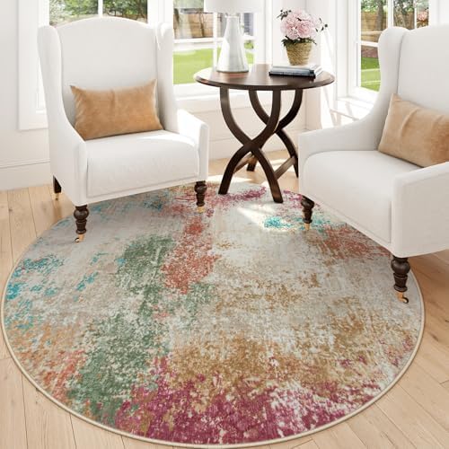 Lahome Modern Abstract Round Rugs for Living Room, 5ft Washable Ultra Thin Round Area Rug Non Slip, Multi Color 5x5 Circle Throw Carpet for Office Bedroom Dining Room Under Table by Lahome