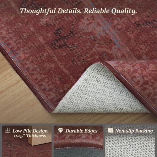 6x9 Washable Dining Room Rugs for Under Table, Muted Burgundy Vintage Distressed Rug for Living Room & Bedroom, Non-Slip Low Pile Stain Resistant Floor Carpet, Traditional Farmhouse Décor - Image 5