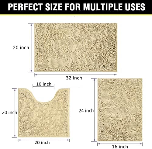 Bath Rugs Chenille 3-Piece Extra Soft and Absorbent Shag Beige Bathroom Rugs, Machine Wash Mat, Strong PVC Non-Slip Underside, Plush Carpet Mats (Beige) - Image 2