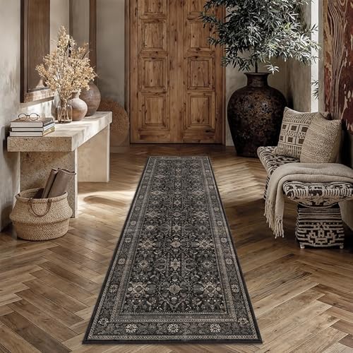 Schweek 2.6x8 Runner Rugs Non Slip Vintage Floral Washable Runner Black - Image 3