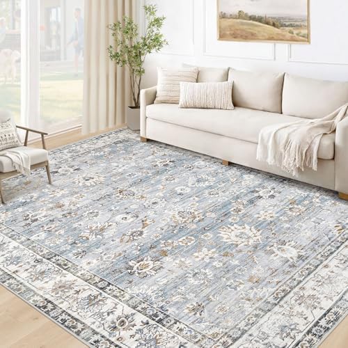 XLUEZ Area Rug 5x7 Living Room Rug, Machine Washable Vintage Distressed Boho Area Rug Non-Slip Soft Low Pile Large Indoor Rugs for Bedroom Kitchen Dining Room Office(Light Blue,5'x7') by XLUEZ