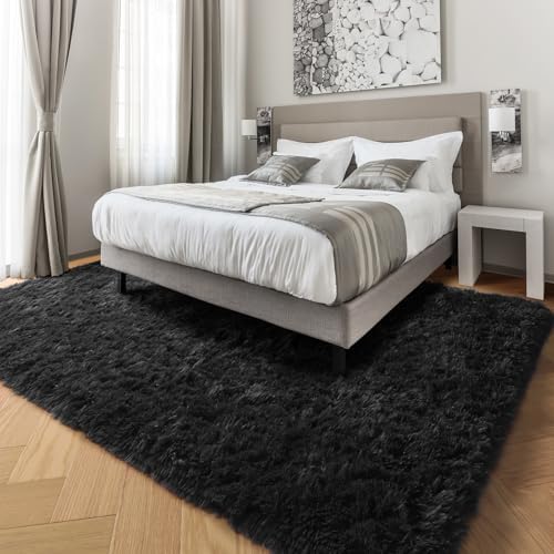 Fluffy Bedroom Rugs Black Neutral Living Room Area Rug Shaggy Carpet 4x6 Ft - Image 5