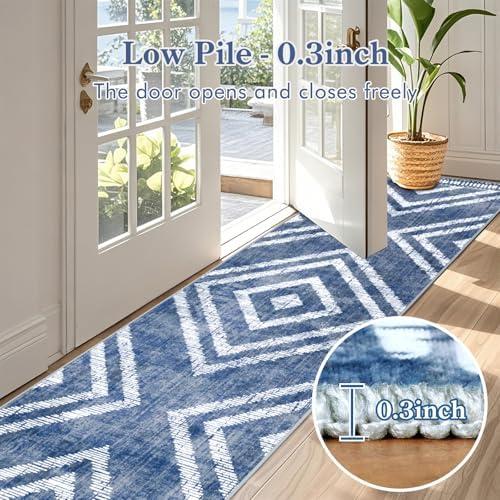2x10Ft Boho Hallway Runner Rugs Non Slip, Blue Geometric Washable Rug Runners for Kitchen, Soft Low Pile Modern Farmhouse Entryway Floor Carpets for Entrance Doorway Bedroom Home Decor - Image 4