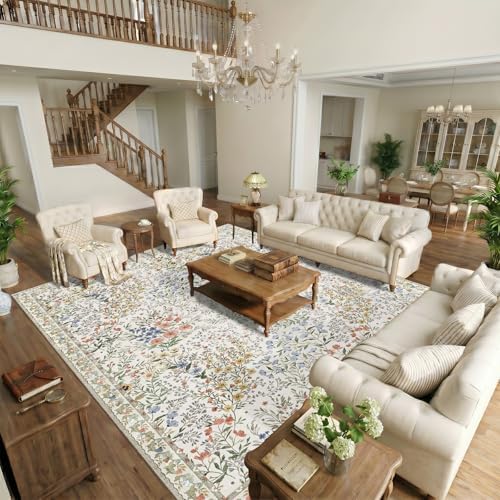 Large Washable Area Rug 12x15: Vintage Floral Distressed Botanical Rug - Machine Washable Non Slip Low Pile Soft Foldable Carpet - Great Room Open Concept Family Room Luxury Indoor Rug - 12'x15' Beige by YOUFORTONG