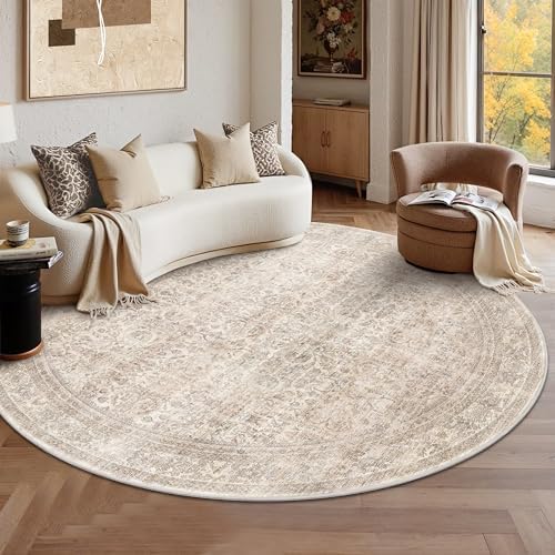 Schweek 8ft Circle Rug Neutral Beige Vintage Washable Non-Slip Round Rugs by Schweek