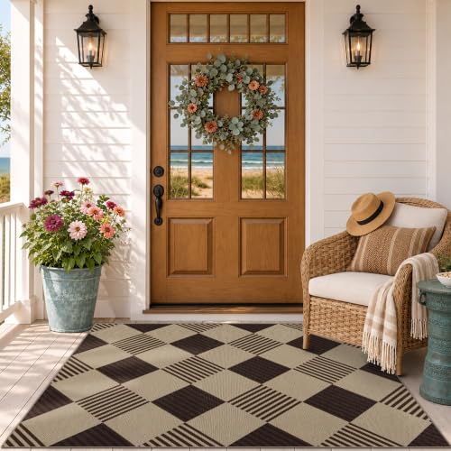 JTJ Easy Jute 3x5 Outdoor Rug, Black & Beige Diamond Pattern, Washable by JTJ