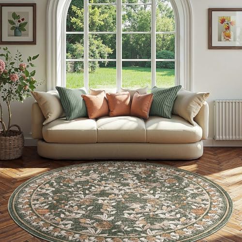 jinchan 7ft Round Rug Floral Vintage Washable Area Rug, Green - Image 4