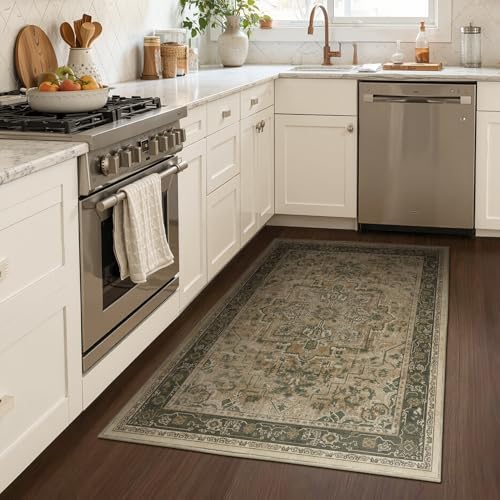 Retro Distressed 3x5 Area Rugs Washable Non Slip, Medallion Printed Small Foyer Throw Rugs for Entryway, Thin Carpet for Bedroom/Mudroom/Dorm/Bathroom/Kitchen/Closet, Multi Brown Olive Accents - Image 3