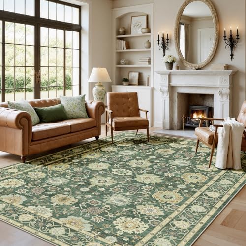 Amada Vintage Washable Area Rug,6'x9',Olive Green by AMADAHOMEFURNISHING