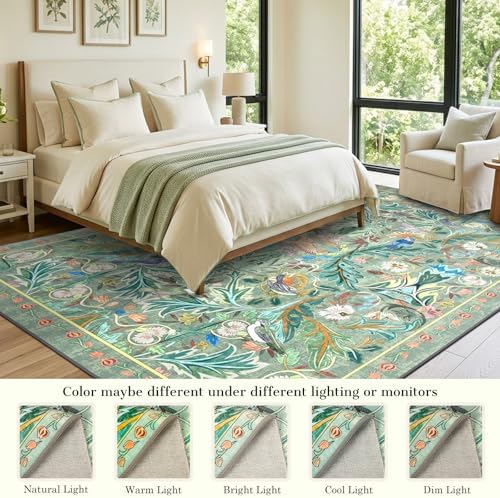 nesrt Washable 8'x10' Living Room Area Rug, Boho Jungle Bird Floral Large Indoor Rug, Soft Non-Slip Decorative Rug for Dining Room, Bedroom, Home Study, Game Room and Farmhouse Decor (Green) - Image 3