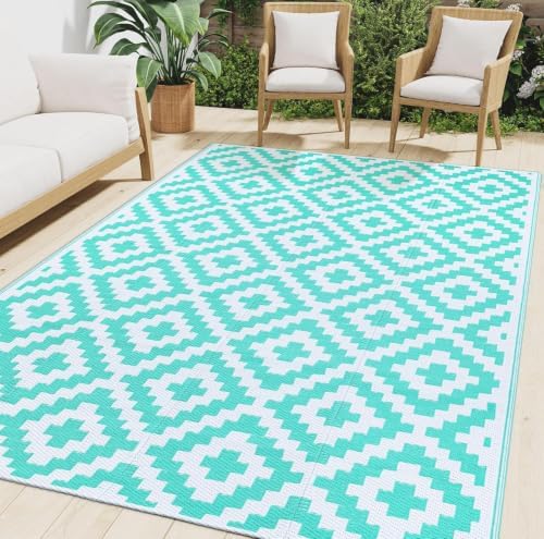 Smiry Outdoor Rug 9x18 ft Waterproof Reversible Boho Mat, White & Teal by Smiry