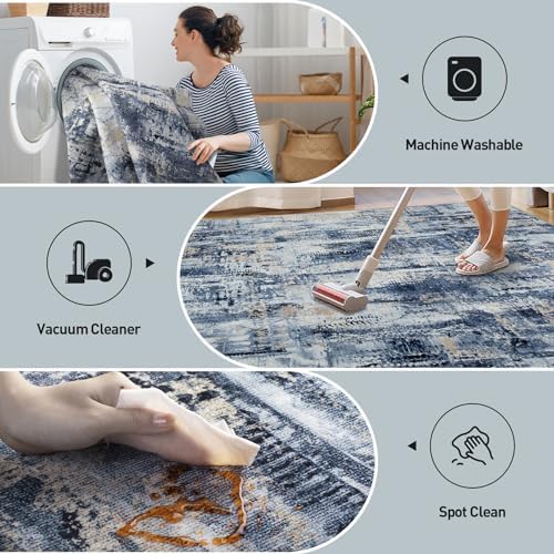 6x9 Area Rugs for Living Room: Washable Abstract Blue Gold Bedroom Carpet - Image 4
