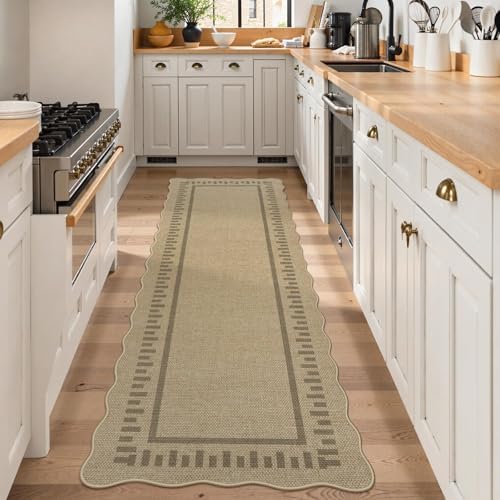 LIVEBOX Scalloped Washable 2x8 Runner Rug, Easy Jute Outdoor Rug Kitchen Tan Rugs for Hallway Entryway, Indoor Non Slip Rugs Farmhouse Geometric Carpet Door Mat for Porch Laundry Room Bedroom Boho - Image 2