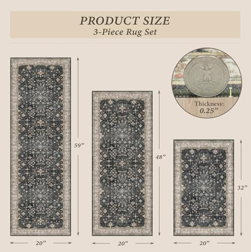 JTJ Kitchen Rugs Set of 3, Black Boho Vintage Washable Non Slip Mats - Image 2