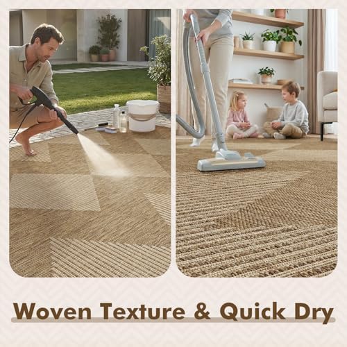 MontVoo-Outdoor Rug-Patio Rug 9x12 Polypropylene Indoor Outdoor Rug Outdoor Carpet for Patio Deck Balcony Porch, Textured Weave, Durable for High Traffic, Fade-Resistant, Boho Geometric Neutral Brown - Image 4