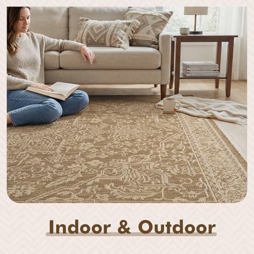 MontVoo-Outdoor Rug-Patio Rug 6x9 ft Polypropylene Indoor Outdoor Rugs Carpet for Patio Deck Balcony Porch, Textured Weave, Durable for High Traffic, Fade-Resistant, Vintage Medallion Neutral Brown - Image 3