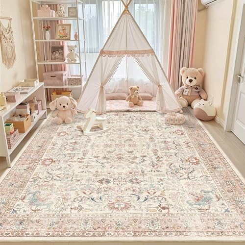 9x12 Washable Living Room Area Rug Non-Slip Vintage Pink Large Carpet - Image 3