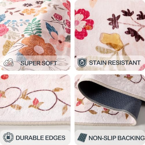 Washable Beige Red 2'6" x 10' Runners for Hallways, Non Slip Long Floor Runner for Kitchen, Entryway Indoor, Stain Resistant Rubber Backing Floral Décor Rug - Image 5