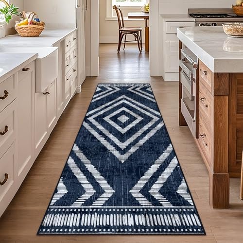 Boho Runner Rugs for Hallway 2x6ft Non Slip, Navy Blue Washable Kitchen Rug Runner, Soft Moroccan Low Pile Geometric Farmhouse Laundry Floor Carpet for Entryway Bedroom Bathroom by Geanlod