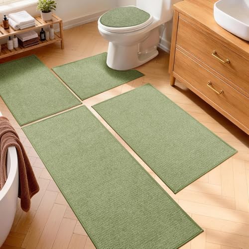 YIHOUSE Green Bathroom Rugs Sets 5 Piece, Quick Dry Thin Bath Mat with Toilet Rug, Non Slip Absorbent Machine Washable, Bath Runner Rugs for Bathtub Sink Home Decor by YIHOUSE