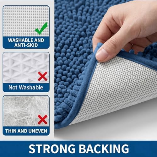 Bathroom Rugs Sets 2 Piece,Super Absorbent Chenille Bath Mats and U-Shaped Toilet Rug,Strong PVC Non Slip Backing,Microfiber Washable Dry Quickly Bath Mats for Bathroom(20"x32"+20"x20"U, Medium Blue) - Image 5