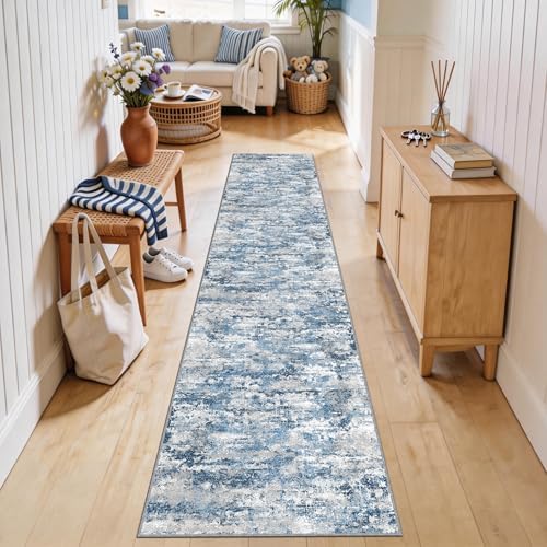 Modern Hallway Runner Rug 2x10, Textured Non Slip Carpet Runner, Ocean Blue by TTelephant