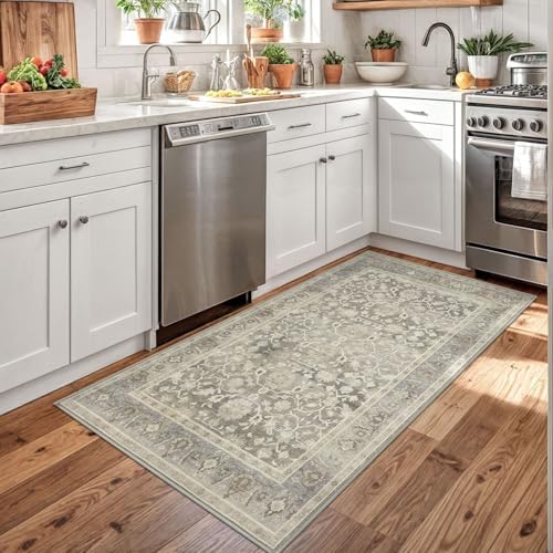 KUTA Vintage Floral 3x5 Entryway Rug Washable Area Rugs Beige - Image 3