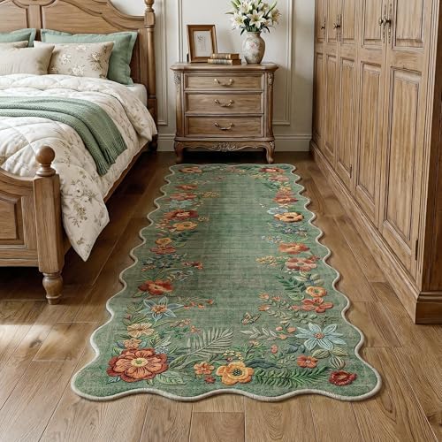FMFUNCTEX 2x5 Hallway Runner Rug Washable Sage Green Floral Scalloped Boho - Image 2
