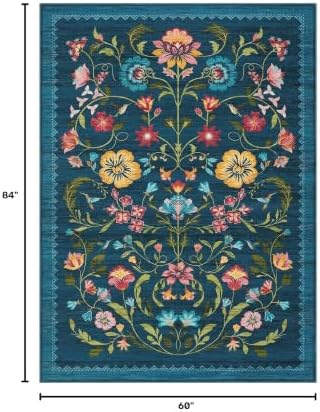 GarveeHome Washable Rug 5x7 Area Rugs for Living Room, Floral Rug for Bedroom, Soft Boho Non Slip Throw Rugs with Rubber Back, Low Pile Stain Resistant Vintage Floral Carpet for Dining Room, Blue - Image 2
