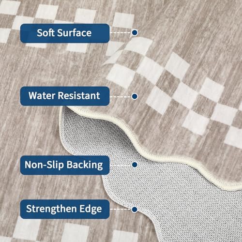Small Area Rug 2x3 Modern Checkered Entry Rug Solid Color Scalloped Kitchen Rugs Washable Bedroom Doormat Non Slip Stain Resistant Bordered Throw Carpet for Living Room Nursery Laundry, Fog - Image 6