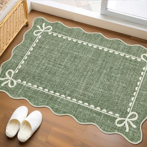 GarveeHome Scalloped Entryway Rug 2x3 Washable Front Door Bow Rug, Green by GarveeHome