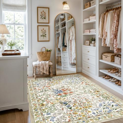 4x6 Washable Entryway Area Rug: Non Slip Floral Washable Entry Rug Living Room Area Rug for Indoor Floor Kitchen Bedroom - Soft Thin Door Mat Carpet Boho Vintage Home Decor (4'x6', Beige) - Image 5