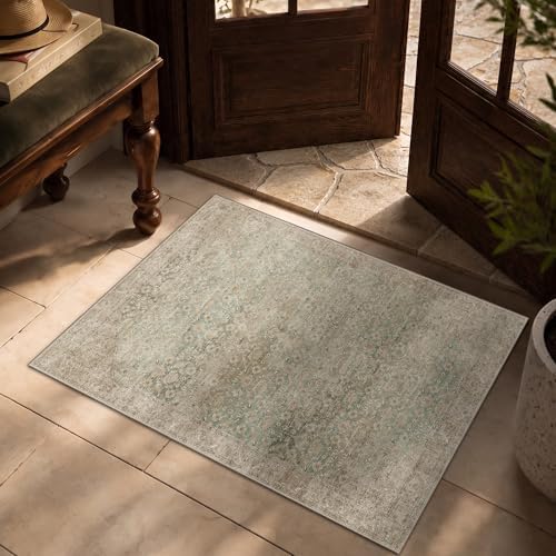 2x3 Washable Boho Entryway Area Rug Beige Green Non-Slip Door Mat - Image 3