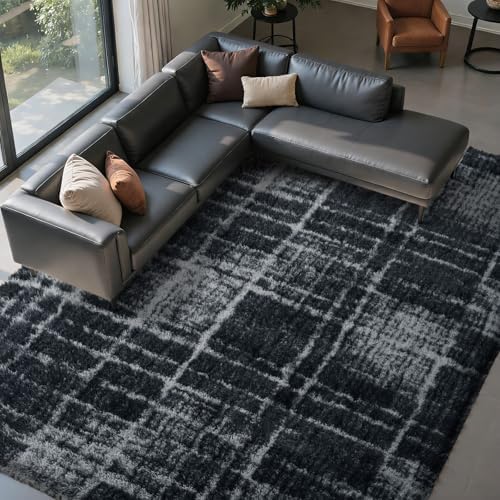 9x12 Non-Slip Fluffy Area Rugs For Living Room (Black and Gray Checkered) by FinRe%CC%80cHome