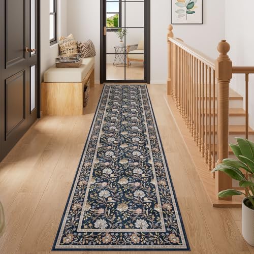 DUKINO 2x8 Runner Rug, Washable Vintage Floral Kitchen Rugs, Navy Blue - Image 5
