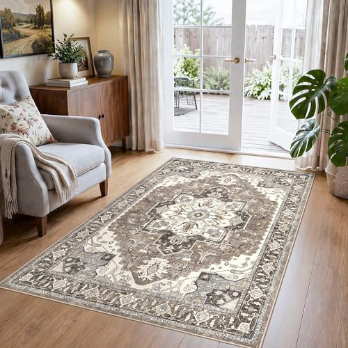 3x5 Washable Area Rug for Entryway: Non-Slip Kitchen Rugs with Rubber Backing for Living Room Vintage Low Pile Stain Resistant Carpet for Bedroom Soft Thin Floor Decor Mat for Dining Room (Beige,3x5) - Image 3