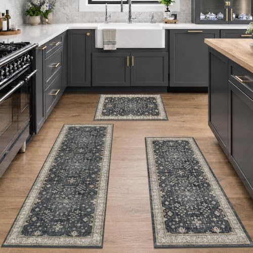 JTJ Kitchen Rugs Set of 3, Black Boho Vintage Washable Non Slip Mats by JTJ