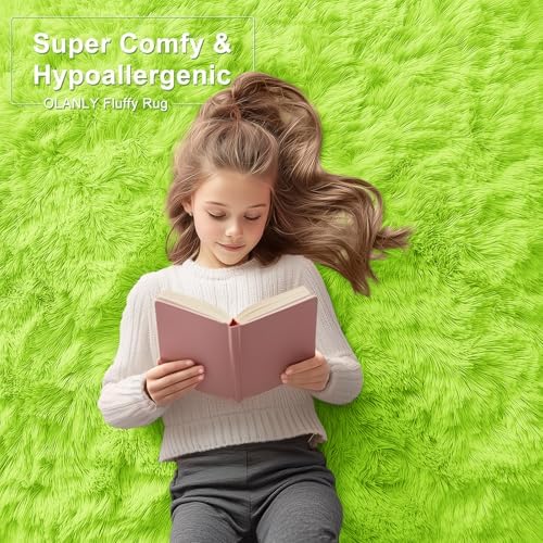 OLANLY 5x7 Machine Washable Large Area Rugs for Living Room, Bedroom, Soft Fluffy Shaggy Bedside Rug, Indoor Floor Carpet for Kids Girls and Boys, Dorms, Nursery, Home Decor Aesthetic, Lime Green - Image 6