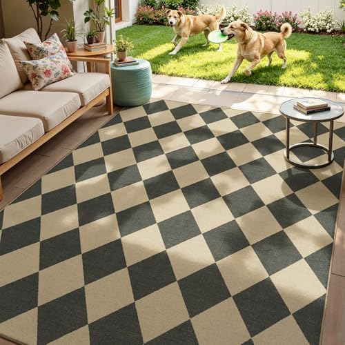 Lessymo Checkered Outdoor Rugs 6x9, Washable Easy Jute Patio Rug by Lessymo