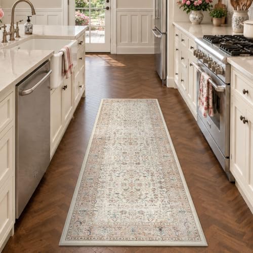 2x6 Washable Kitchen Runner Rug Non-Slip Vintage Pink Throw Carpet by HOME