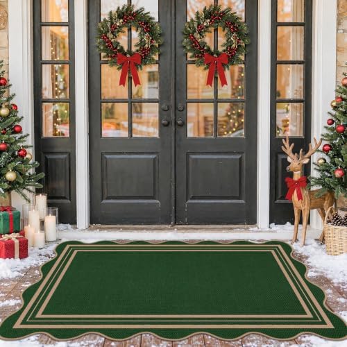 Scalloped Easy Jute 3x5 Christmas Outdoor Rug, Washable Rugs for Entryway Green Front Door Mat, Farmhouse Neutral Non Slip Indoor Carpet for Patio Living Room Backyard by LORWER