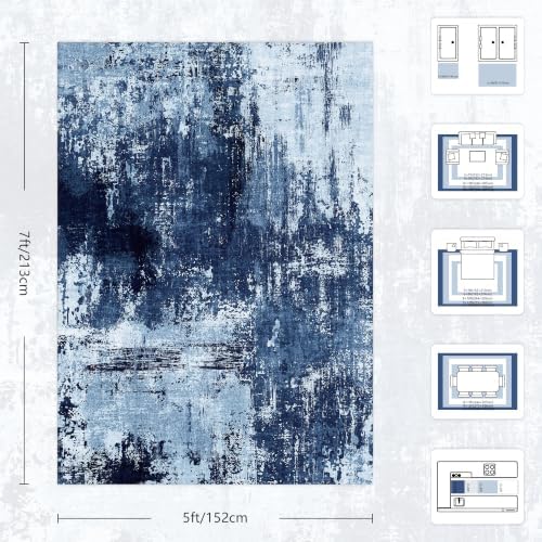 5x7 Rugs for Living Room - Modern Abstract Washable Rug, Ultra Soft Non Slip Low Pile Large Rugs, Floor Carpet for Bedroom Dining Room Office Laundry Nursery Home（Blue & White） - Image 2