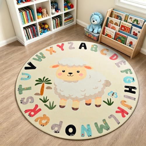 TWINNIS Kids Animal Print Round Rug for Playroom, Alphabet Washable Area Rugs for Boy Girl Baby Toddler Children, 5x5 Cute ABC Mat Play Carpet Nursery Bedroom Decor, Sheep by TWINNIS