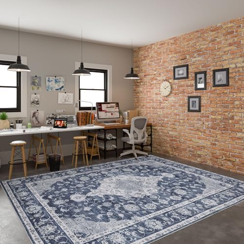DUKINO 9x12 Area Rugs, Non Slip Distressed Living Room Rugs, Soft Large Washable Area Rugs with Low Pile & No Shedding, Faux Wool Rugs for Bedroom Aesthetic, Dining Room, Blue - Image 4