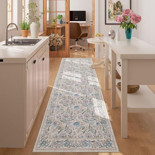 DUKINO 2x6 Runner Rug, Washable Vintage Floral Kitchen Rug, Cream Blue - Image 5